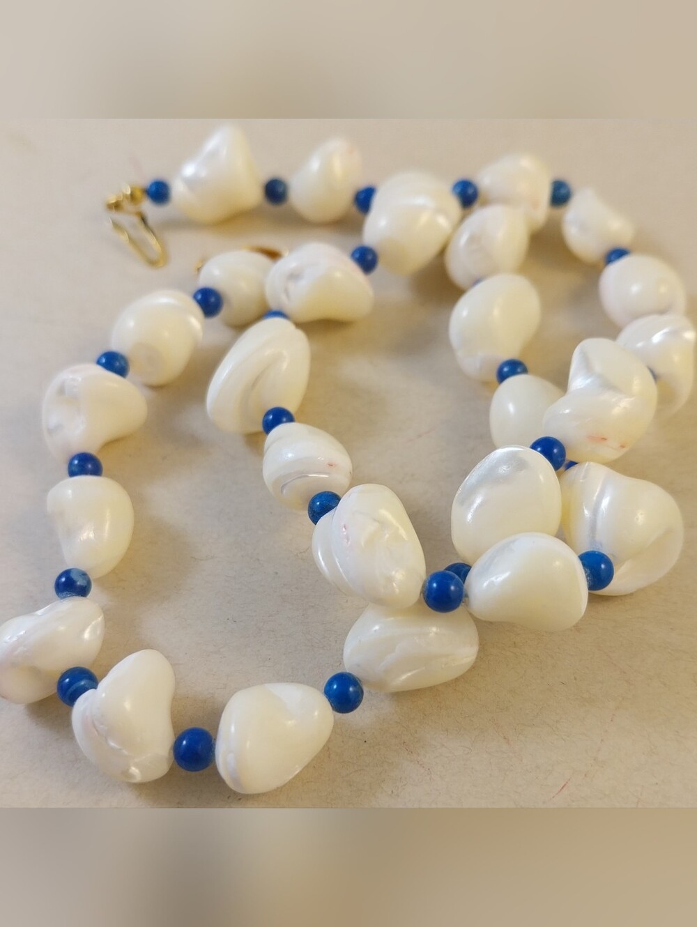 Vintage White Shell and Blue Bead Women's Necklace